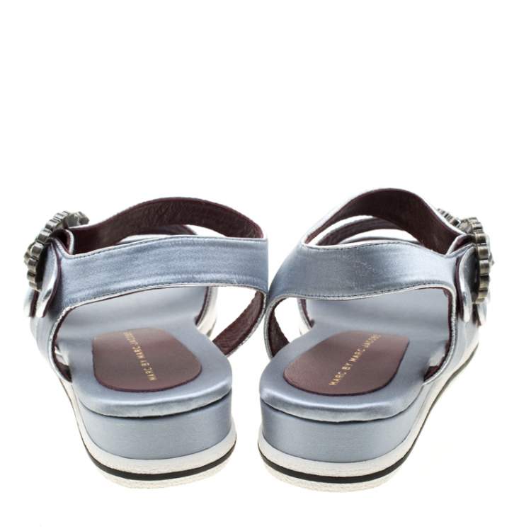 Pre Owned Marc By Marc Jacobs Grey Satin Crystal Embellished Buckle Flat Strappy Sandals Size 36