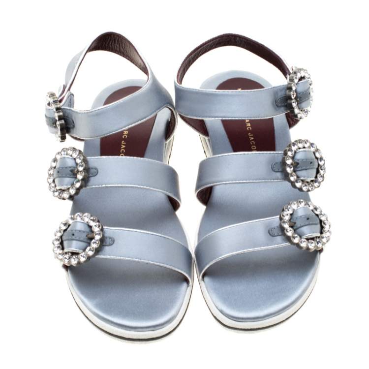 Pre Owned Marc By Marc Jacobs Grey Satin Crystal Embellished Buckle Flat Strappy Sandals Size 36