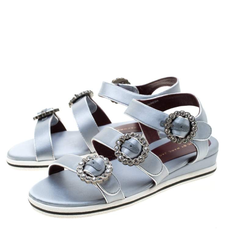 Pre Owned Marc By Marc Jacobs Grey Satin Crystal Embellished Buckle Flat Strappy Sandals Size 36