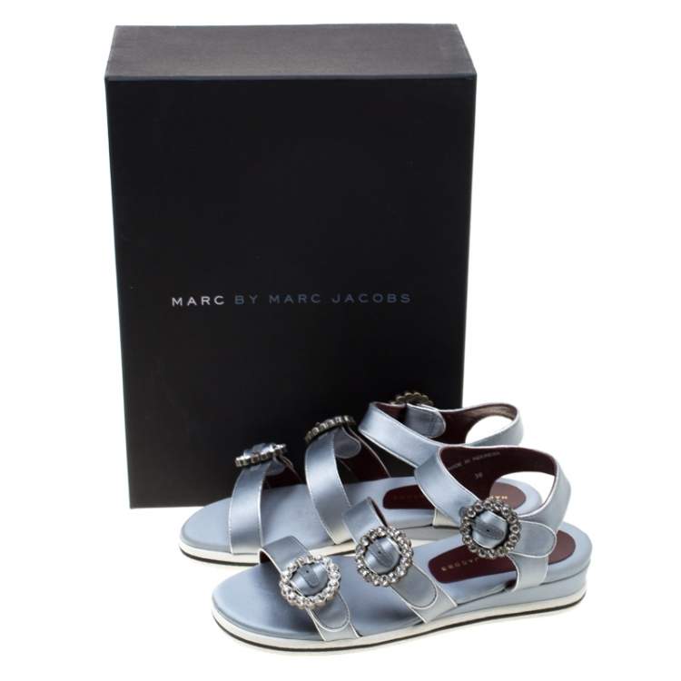 Pre Owned Marc By Marc Jacobs Grey Satin Crystal Embellished Buckle Flat Strappy Sandals Size 36