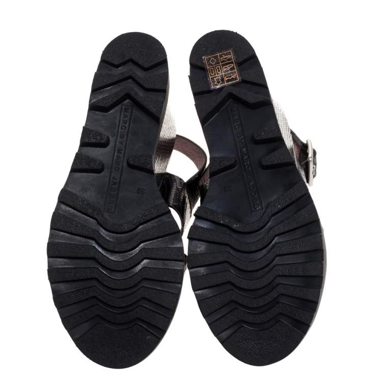Pre Owned Marc by Marc Jacobs Black Python Embossed Leather Wedge Platform Ankle Strap Sandals Size 39