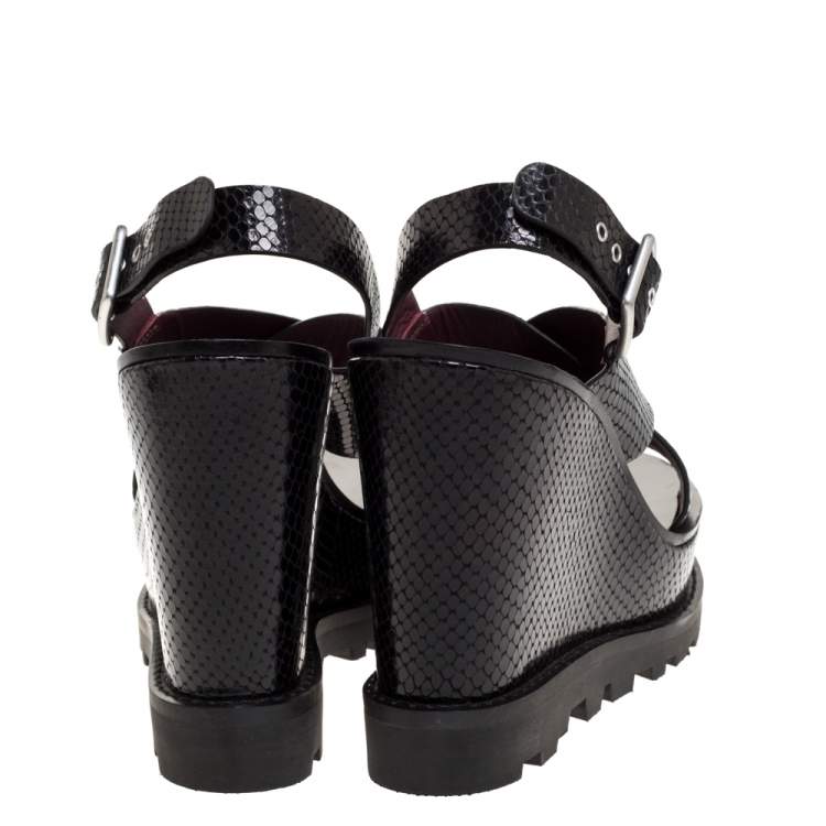 Pre Owned Marc by Marc Jacobs Black Python Embossed Leather Wedge Platform Ankle Strap Sandals Size 39