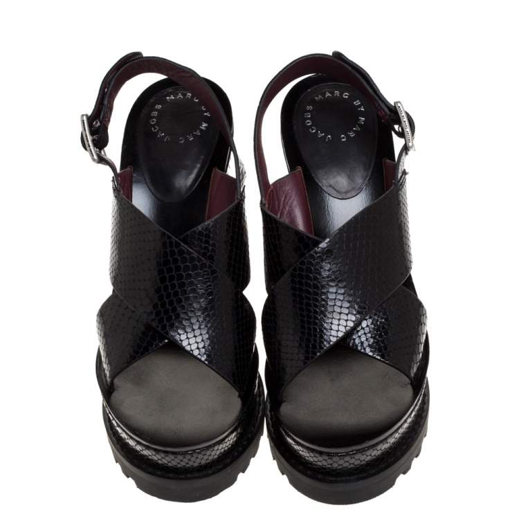 Pre Owned Marc by Marc Jacobs Black Python Embossed Leather Wedge Platform Ankle Strap Sandals Size 39