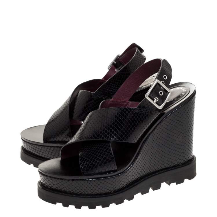 Pre Owned Marc by Marc Jacobs Black Python Embossed Leather Wedge Platform Ankle Strap Sandals Size 39