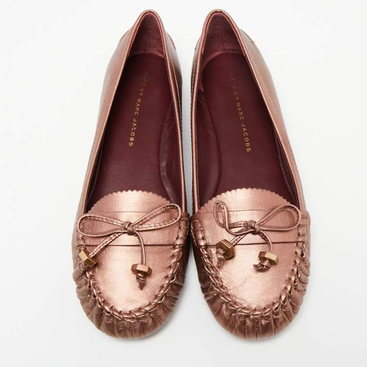 Pre Owned Marc by Marc Jacobs Metallic Bronze Leather Loafers Size 37.5