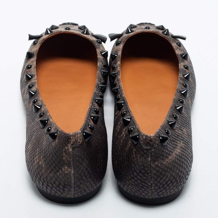 Pre Owned Marc by Marc Jacobs Grey Camo Embossed Leather Spike Trim Mouse Ballet Flats Size 36.5