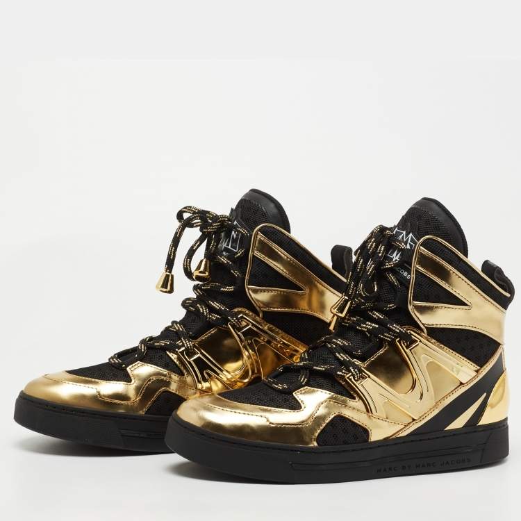 Marc by Marc Jacobs Gold/Black Leather and Fabric High Top Sneakers Size 37  Marc by Marc Jacobs