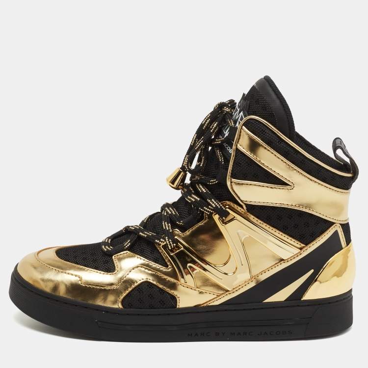 Pre Owned Marc by Marc Jacobs Gold/Black Leather and Fabric High Top Sneakers Size 37 