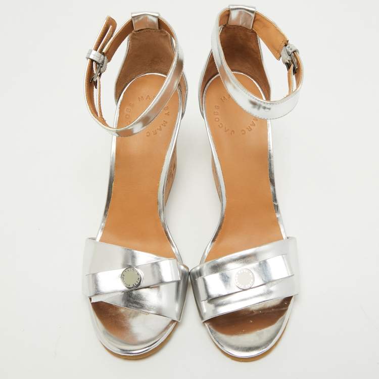 Pre Owned Marc By Marc Jacobs Silver Leather Wedge Sandals Size 36.5