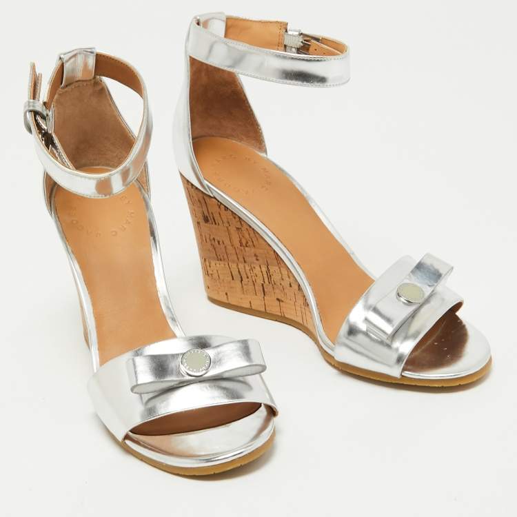 Pre Owned Marc By Marc Jacobs Silver Leather Wedge Sandals Size 36.5
