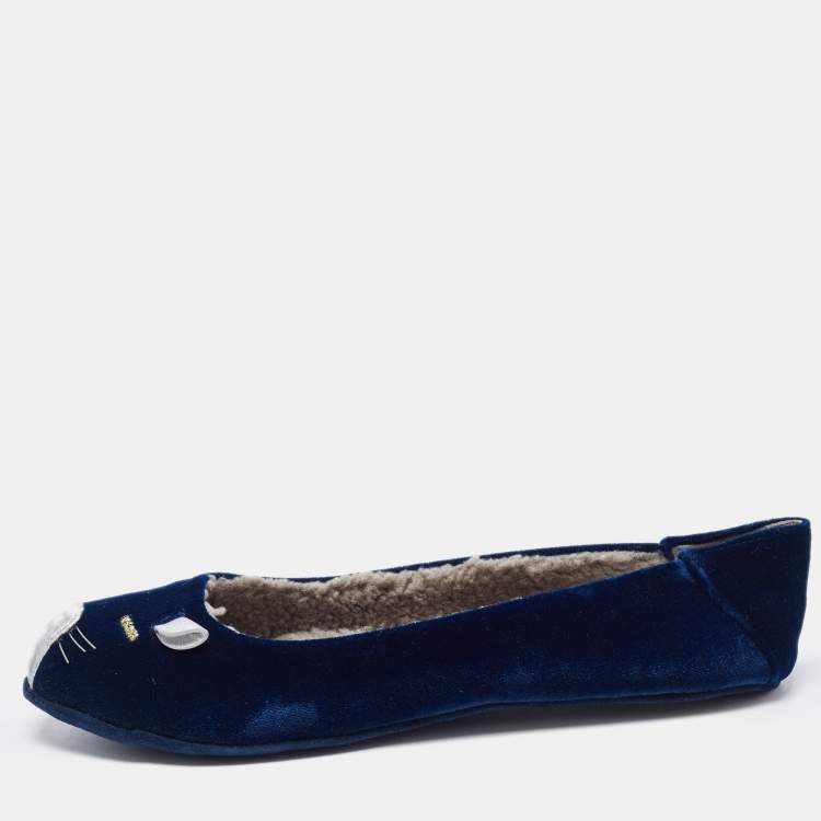 Pre Owned Marc by Marc Jacobs Blue Velvet and Leather Cat Smoking Slippers Size 35.5