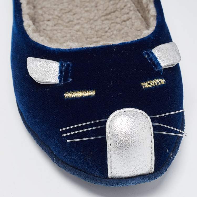 Pre Owned Marc by Marc Jacobs Blue Velvet and Leather Cat Smoking Slippers Size 35.5