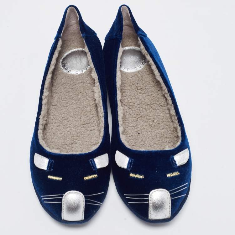 Pre Owned Marc by Marc Jacobs Blue Velvet and Leather Cat Smoking Slippers Size 35.5