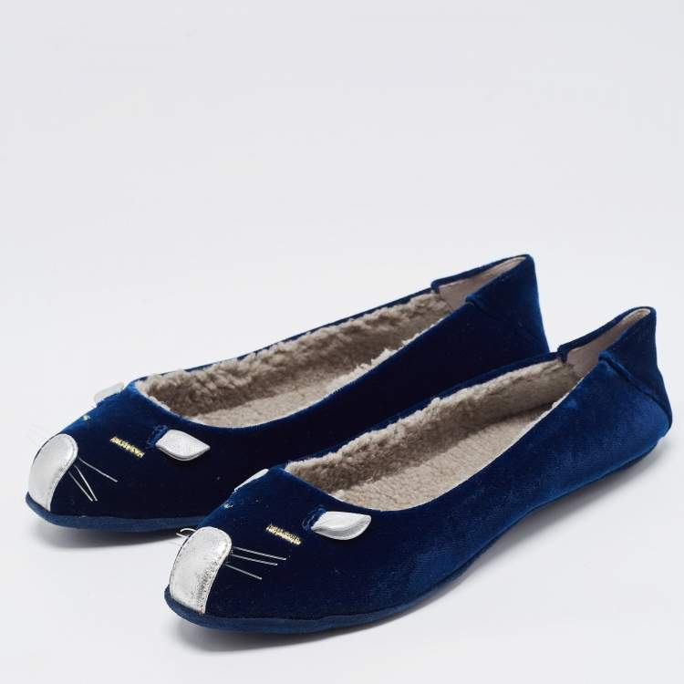 Pre Owned Marc by Marc Jacobs Blue Velvet and Leather Cat Smoking Slippers Size 35.5