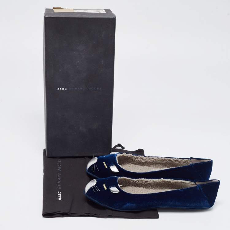 Pre Owned Marc by Marc Jacobs Blue Velvet and Leather Cat Smoking Slippers Size 35.5