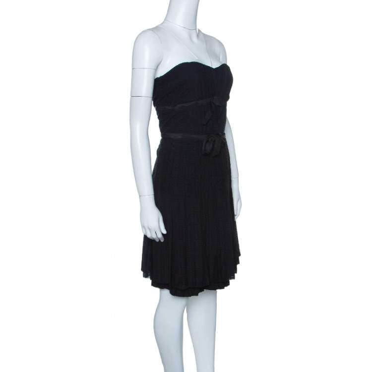 Pre Owned Marc by Marc Jacobs Black Textured Silk Bow Detail Pleated Strapless Dress M