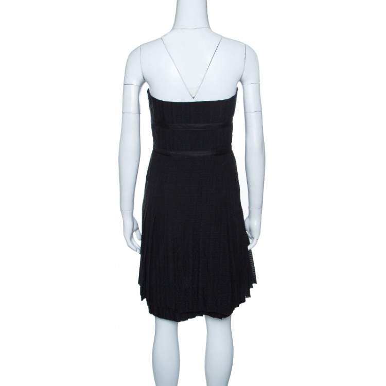 Pre Owned Marc by Marc Jacobs Black Textured Silk Bow Detail Pleated Strapless Dress M