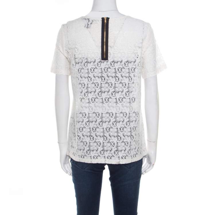 Pre Owned Marc by Marc Jacobs Off White Floral Lace Short Sleeve Top M