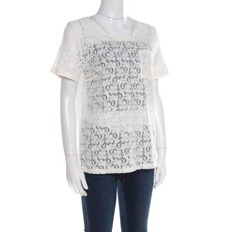 Pre Owned Marc by Marc Jacobs Off White Floral Lace Short Sleeve Top M