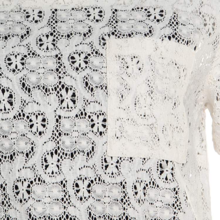 Pre Owned Marc by Marc Jacobs Off White Floral Lace Short Sleeve Top M