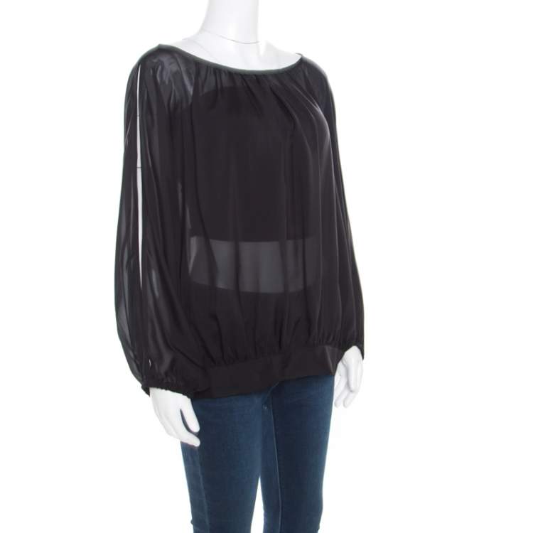 Pre Owned Marc by Marc Jacobs Black Sheer Silk Slit Batwing Sleeve Blouse M/L