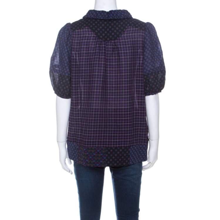 Pre Owned Marc by Marc Jacobs Multicolor Wool & Silk Blend Mixed Print Puff Sleeve Polo Shirt L