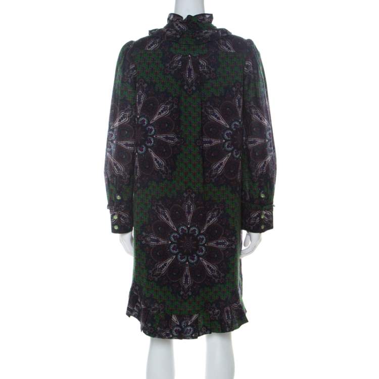 Pre Owned Marc by Marc Jacobs Green Wool & Silk Blend Peacock Paisley Print Short Dress L