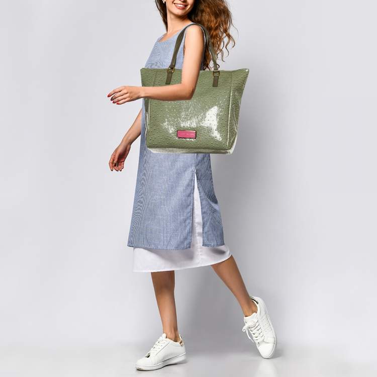 Pre Owned Marc by Marc Jacobs Olive Green Ostrich Embossed Leather Take Me Tote
