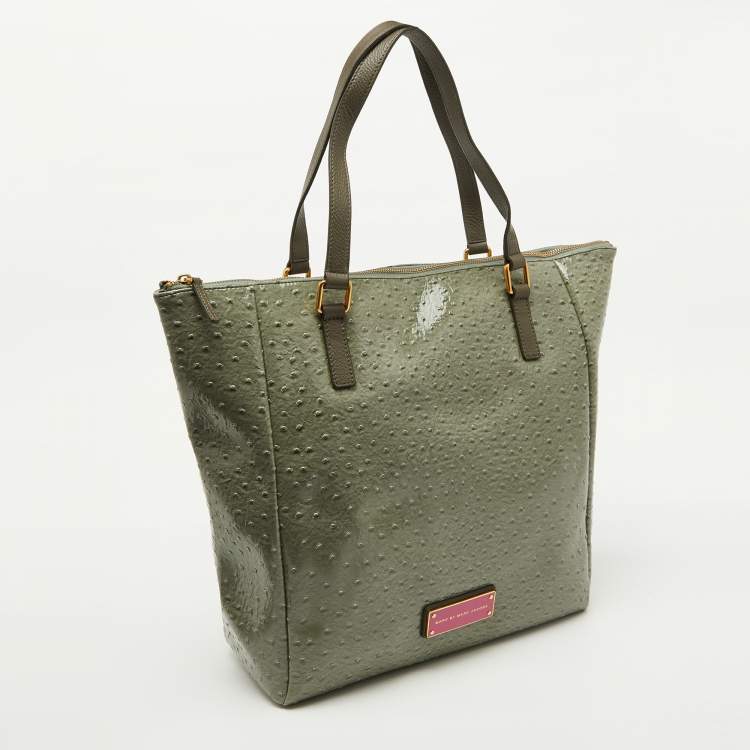 Pre Owned Marc by Marc Jacobs Olive Green Ostrich Embossed Leather Take Me Tote