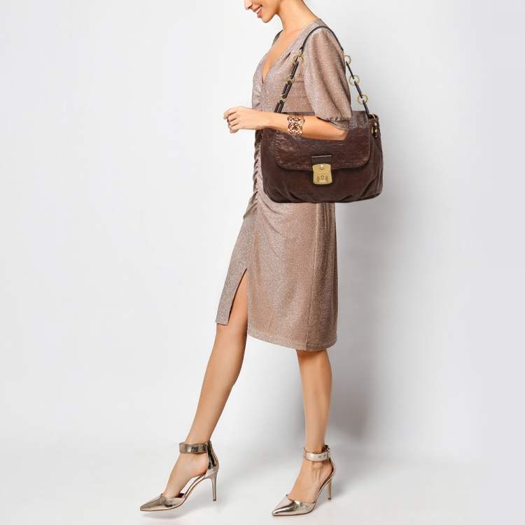 Pre Owned Marc by Marc Jacobs Brown Logo Embossed Leather Hobo