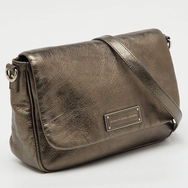 Pre Owned Marc by Marc Jacobs Metallic Grey Leather Flap Crossbody Bag