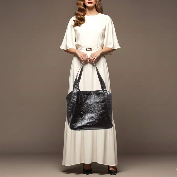 مملوكة مسبقًا Marc by Marc Jacobs The Director Black Patent and Croc Embossed Leather Tote