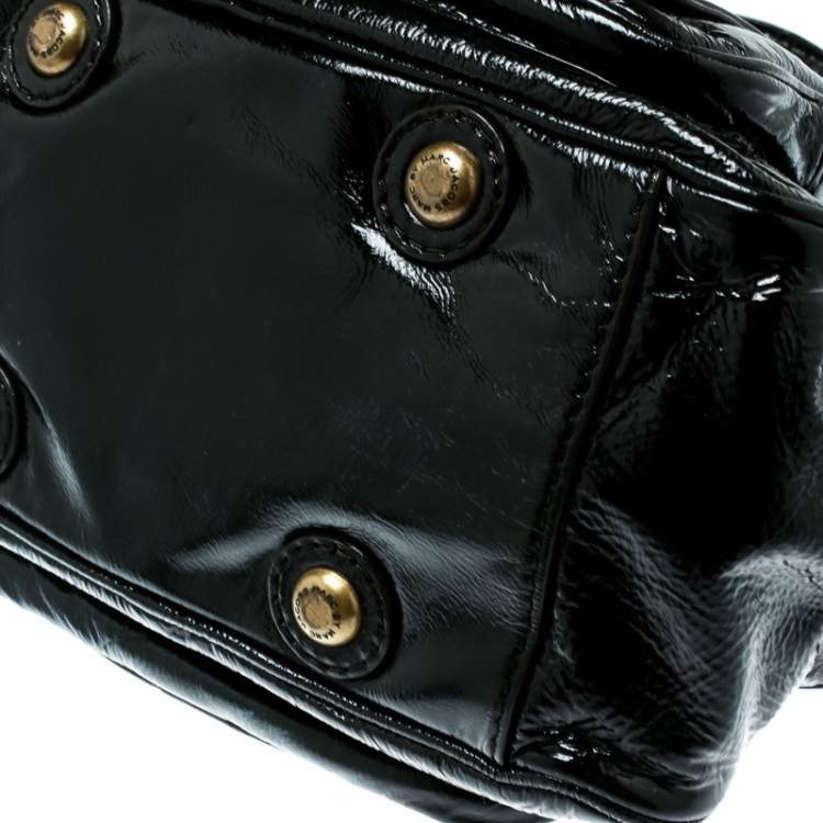 Pre Owned Marc by Marc Jacobs Black Laminated Leather Zip Pockets Satchel