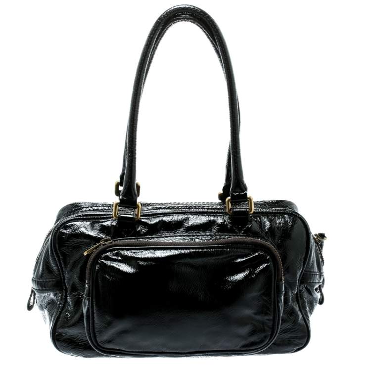 Pre Owned Marc by Marc Jacobs Black Laminated Leather Zip Pockets Satchel