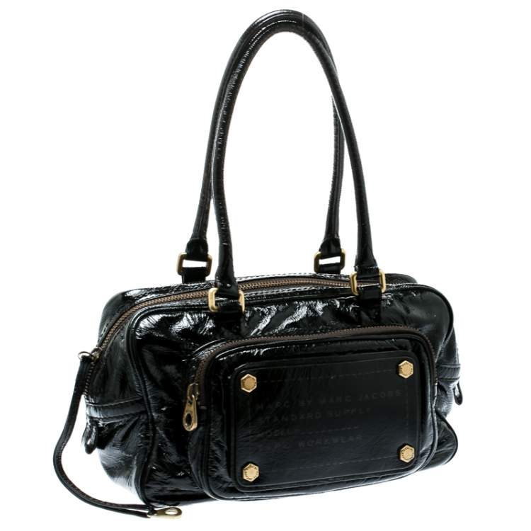 Pre Owned Marc by Marc Jacobs Black Laminated Leather Zip Pockets Satchel