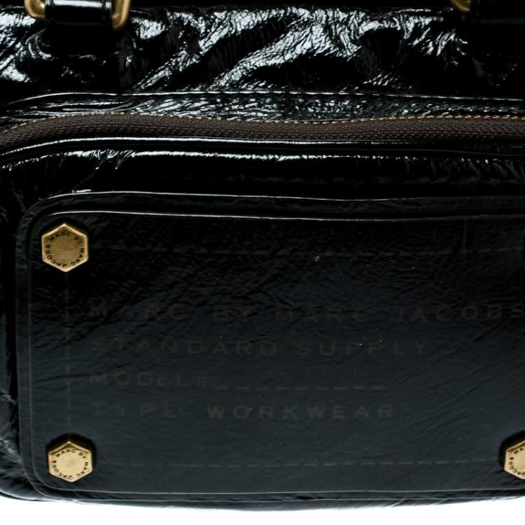 Pre Owned Marc by Marc Jacobs Black Laminated Leather Zip Pockets Satchel