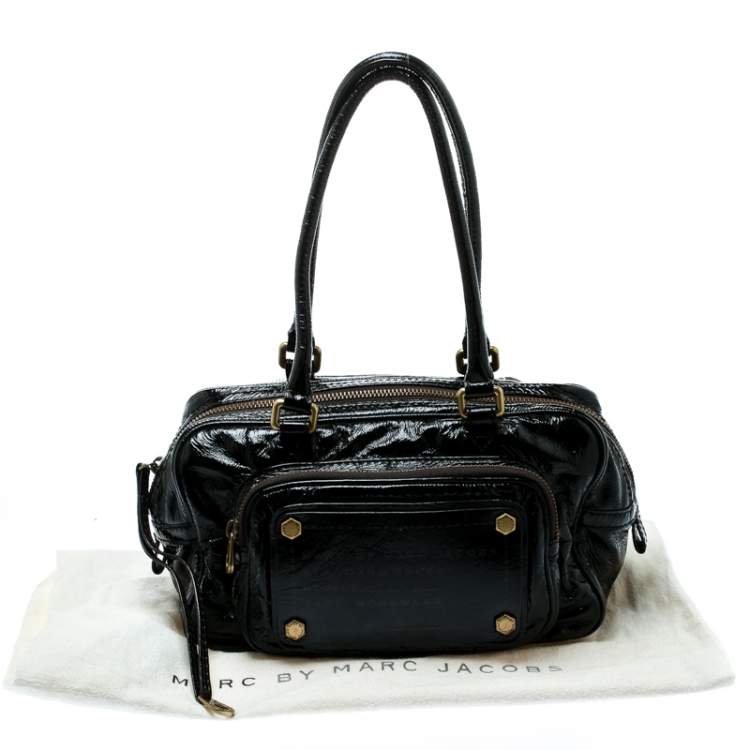 Pre Owned Marc by Marc Jacobs Black Laminated Leather Zip Pockets Satchel
