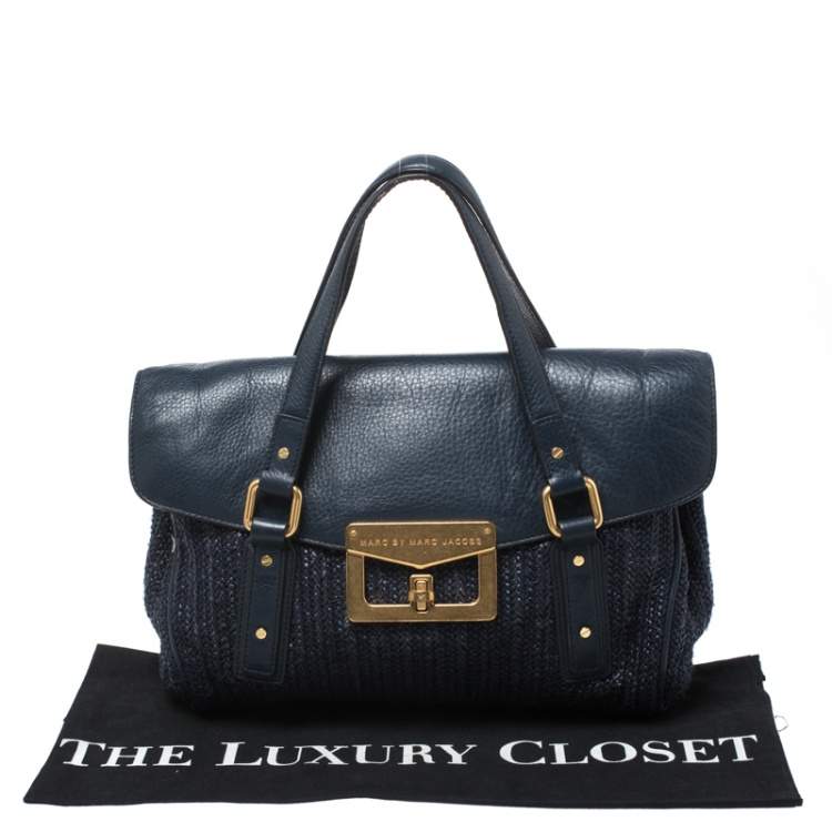 Pre Owned Marc by Marc Jacobs Blue Straw and Leather Flap Satchel