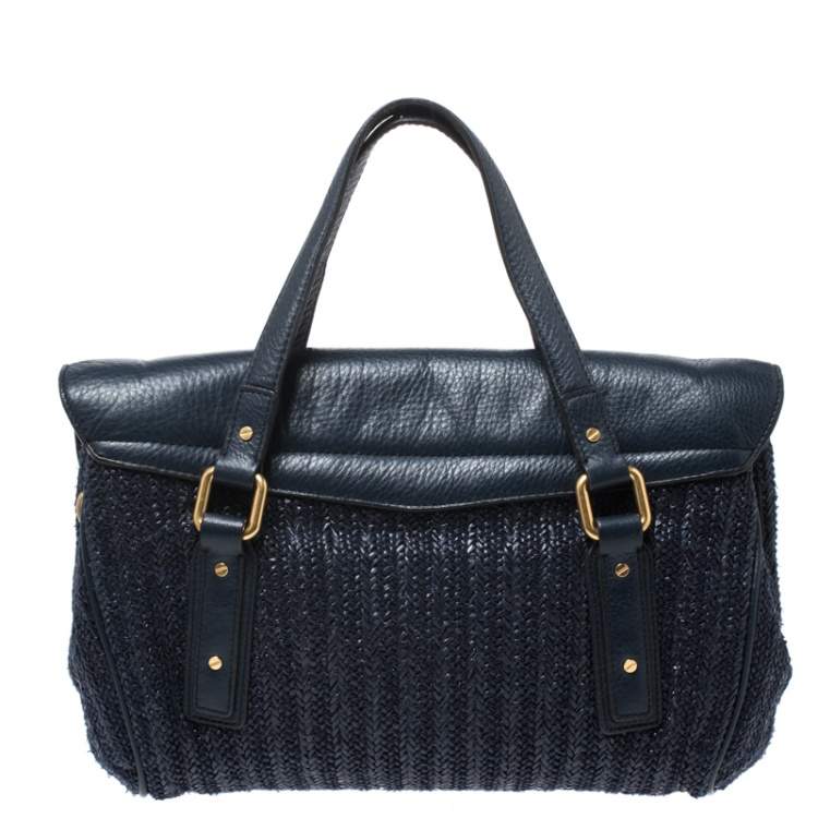 Pre Owned Marc by Marc Jacobs Blue Straw and Leather Flap Satchel