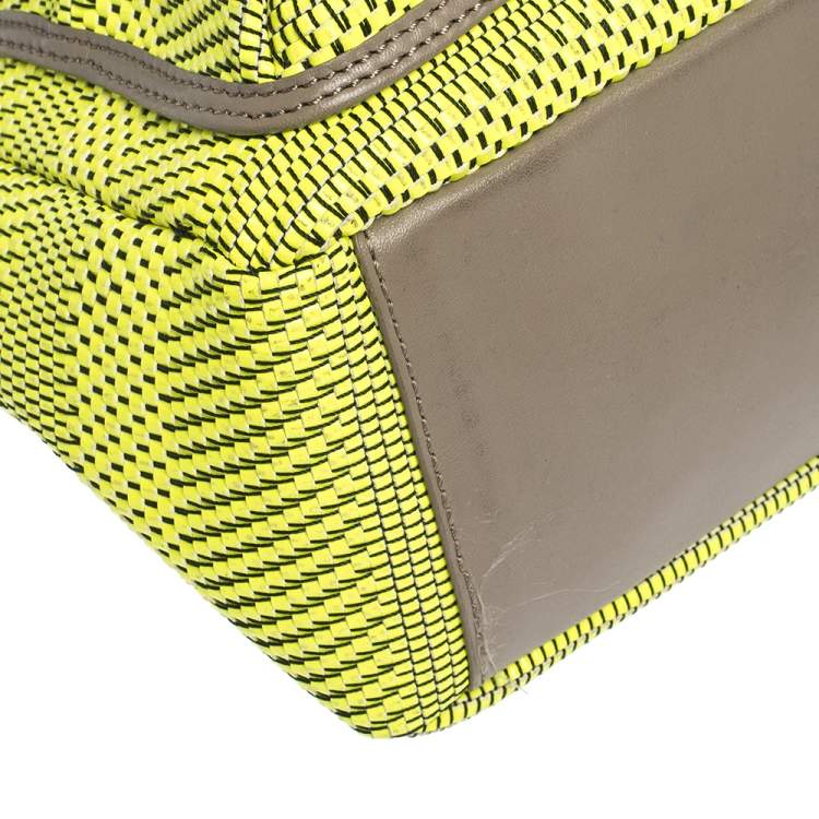 Pre Owned Marc by Marc Jacobs Neon Green/Grey Woven Patent Leather and Nylon Werdie Top Handle Bag