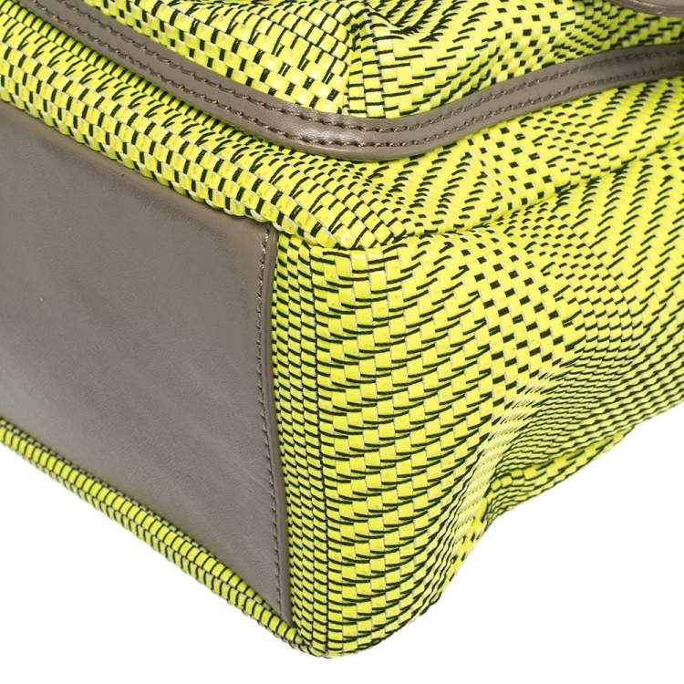 Pre Owned Marc by Marc Jacobs Neon Green/Grey Woven Patent Leather and Nylon Werdie Top Handle Bag