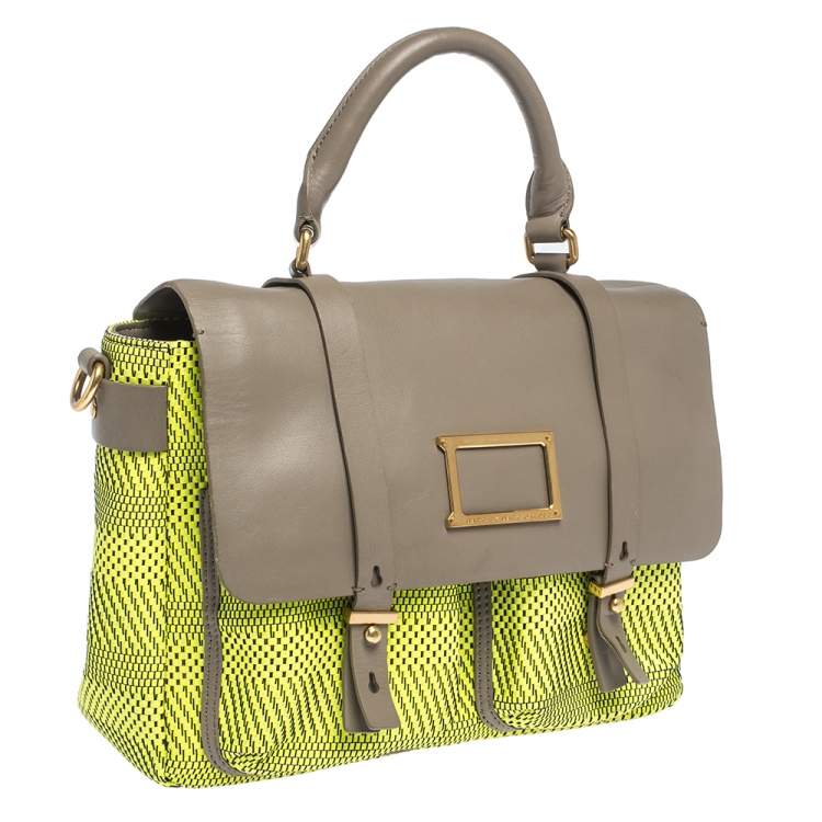Pre Owned Marc by Marc Jacobs Neon Green/Grey Woven Patent Leather and Nylon Werdie Top Handle Bag