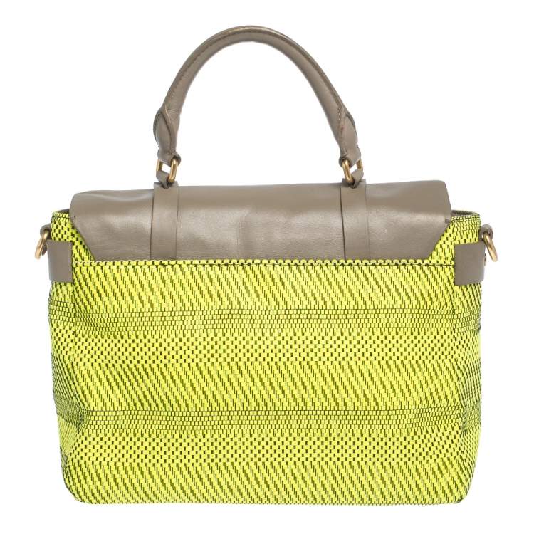 Pre Owned Marc by Marc Jacobs Neon Green/Grey Woven Patent Leather and Nylon Werdie Top Handle Bag