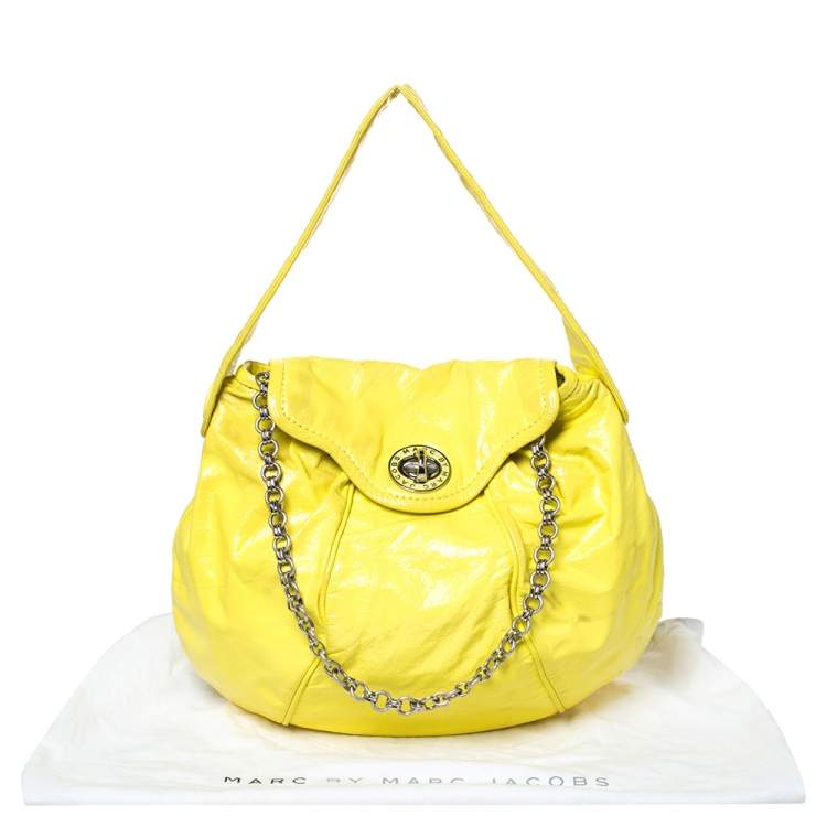 Pre Owned Marc by Marc Jacobs Yellow Patent Leather Turnlock Flap Chain Hobo