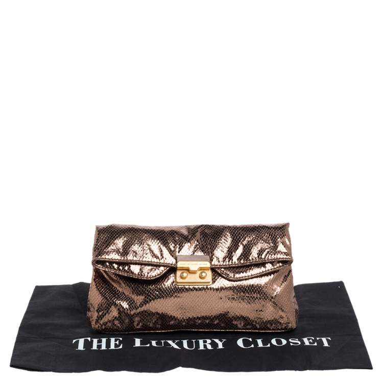Pre Owned Marc by Marc Jacobs Metallic Bronze Snakeskin Effect Patent Leather Pushlock Flap Clutch