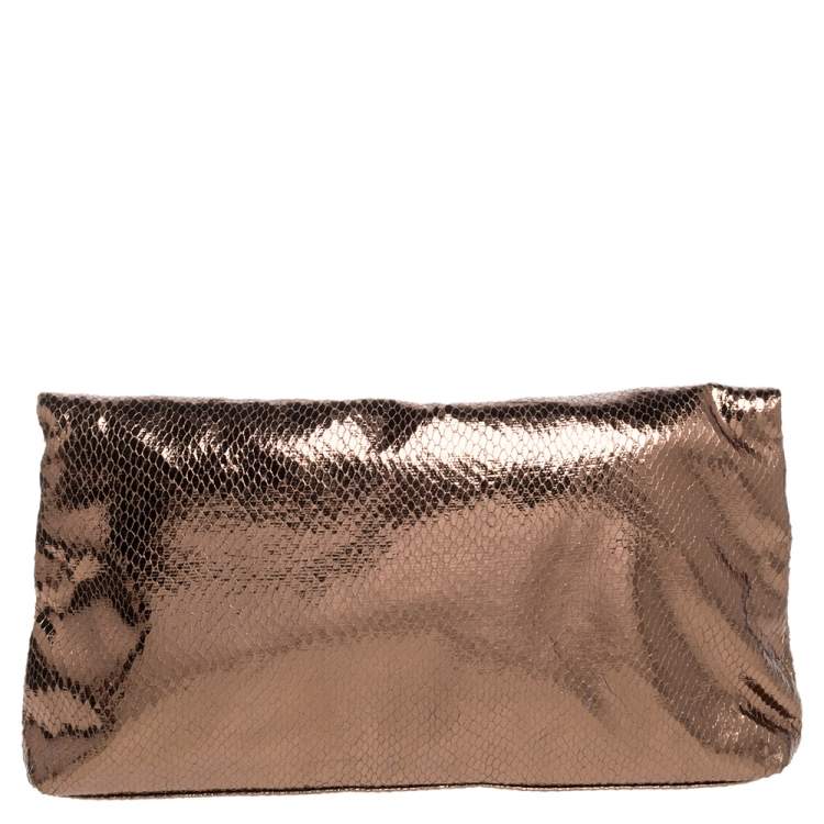 Pre Owned Marc by Marc Jacobs Metallic Bronze Snakeskin Effect Patent Leather Pushlock Flap Clutch