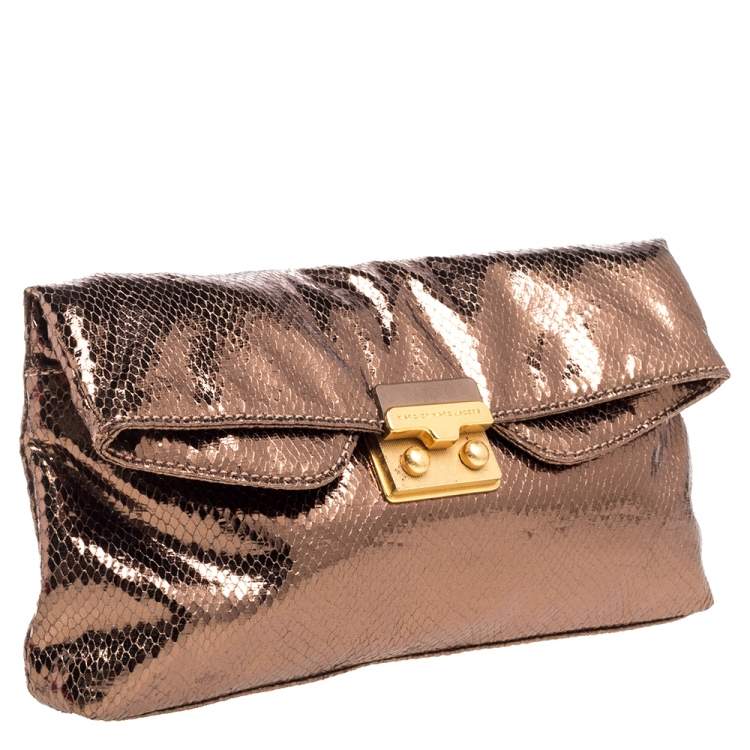 Pre Owned Marc by Marc Jacobs Metallic Bronze Snakeskin Effect Patent Leather Pushlock Flap Clutch