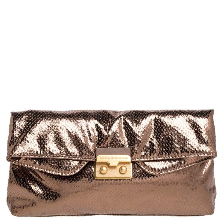 Pre Owned Marc by Marc Jacobs Metallic Bronze Snakeskin Effect Patent Leather Pushlock Flap Clutch