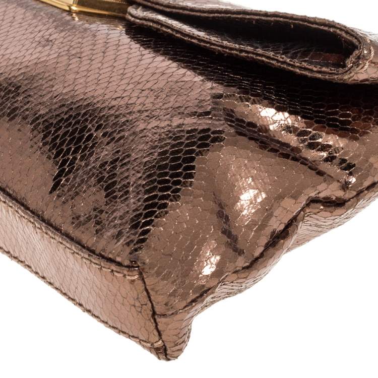 Pre Owned Marc by Marc Jacobs Metallic Bronze Snakeskin Effect Patent Leather Pushlock Flap Clutch
