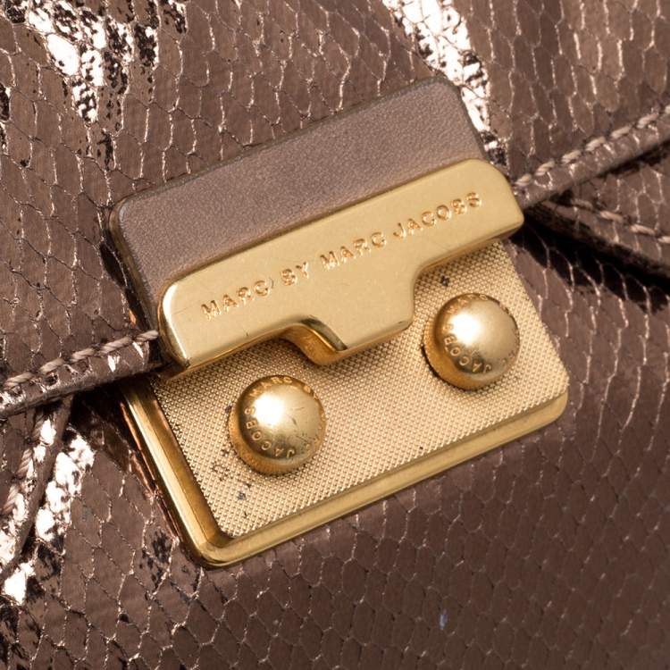 Pre Owned Marc by Marc Jacobs Metallic Bronze Snakeskin Effect Patent Leather Pushlock Flap Clutch
